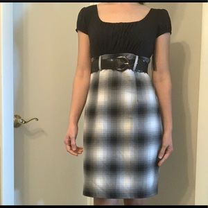 NWT BCX Plaid White/Black Pencil Skirt Dress Empire Waist Belt. Size 9.(Juniors)